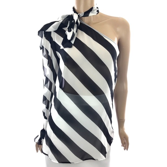 Tops - Redemption Black & White Stripe Blouse One Shoulder Sheer w Scarf Sz 4 100% Silk